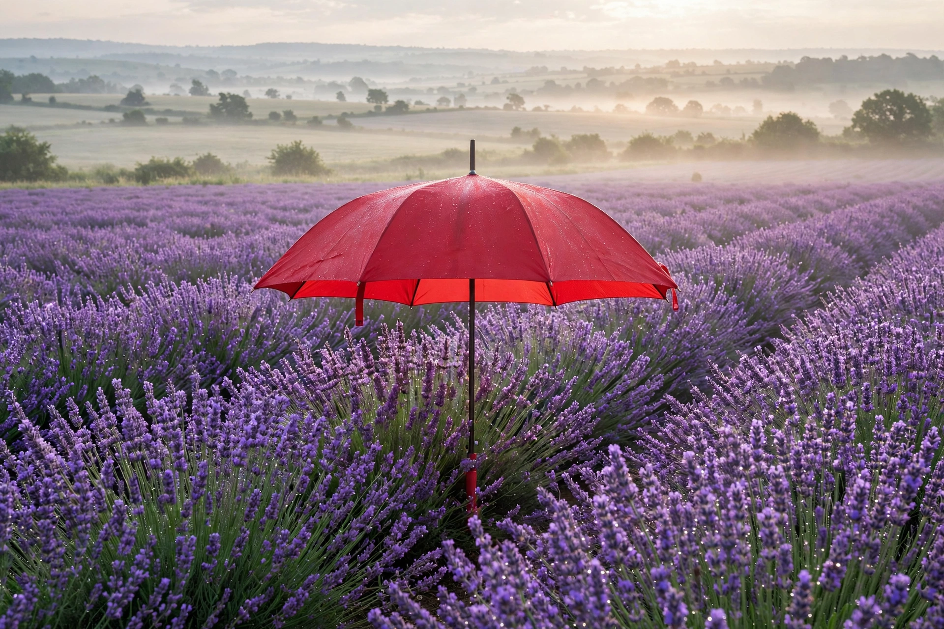 Red Umbrella in Lavender